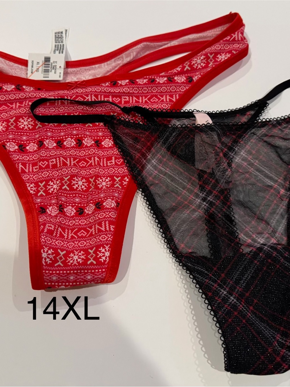 PINK Victoria's Secret Red Fair Isle & Black Mesh Thong Set